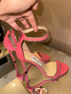 Jimmy Choo Hot Pink Suede Crystal-Trim Ankle-Strap Heels